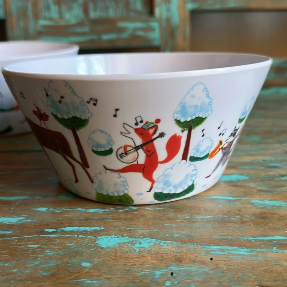 Crate & Barrel Holiday Melamine Bowls Set of 2 Animals Music Whimsical